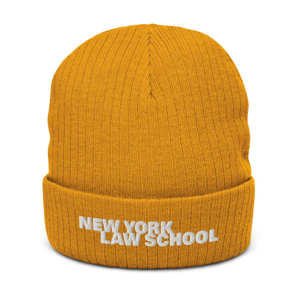 NYLS Ribbed Knit Beanie Mustard White Font