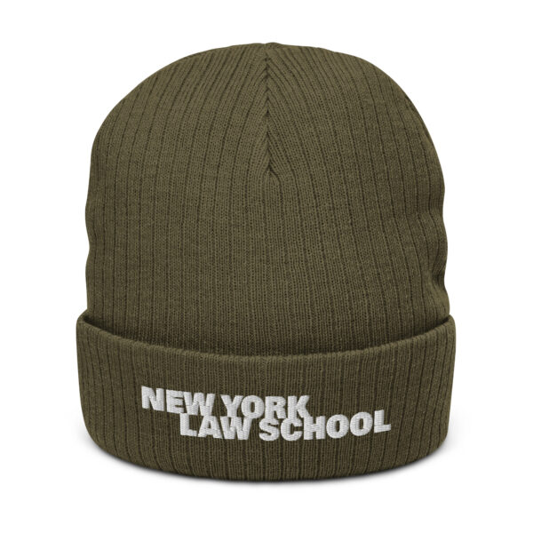 NYLS Ribbed Knit Beanie Olive White Font