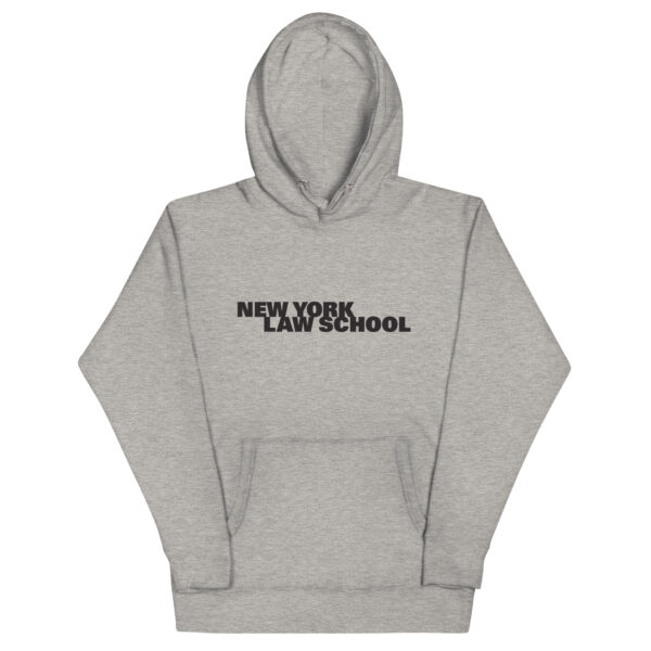 gray unisex hoodie with black New York Law School logo