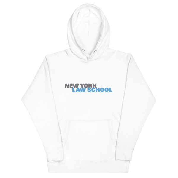 white premium unisex hoodie with gray and blue New York Law School logo