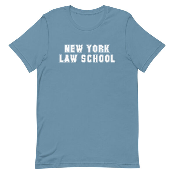 Steel Blue Short-Sleeve Unisex T-Shirt with white New York Law School