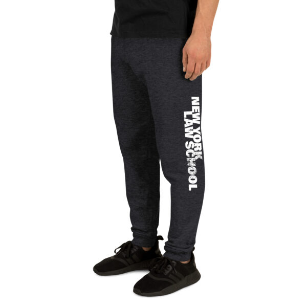 Unisex heather gray joggers with NYLS logo front-left side view