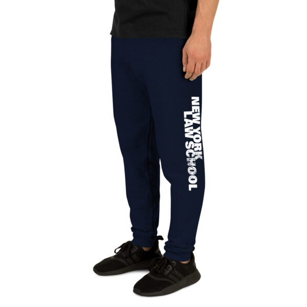 Unisex navy joggers with NYLS logo front-left side view