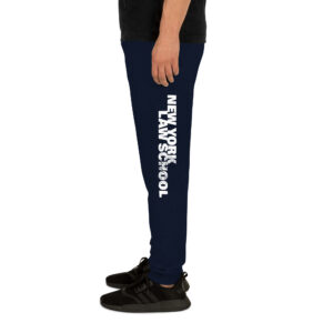 Unisex navy joggers with NYLS logo left side view