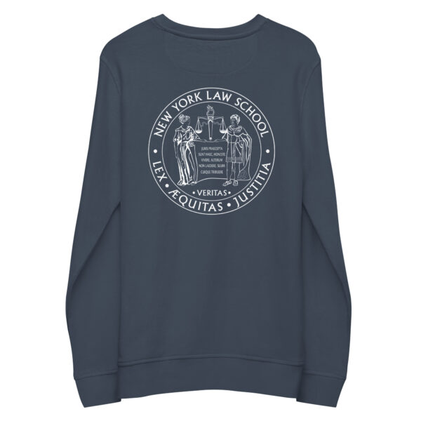 New York Law School Seal on back of blue sweatshirt