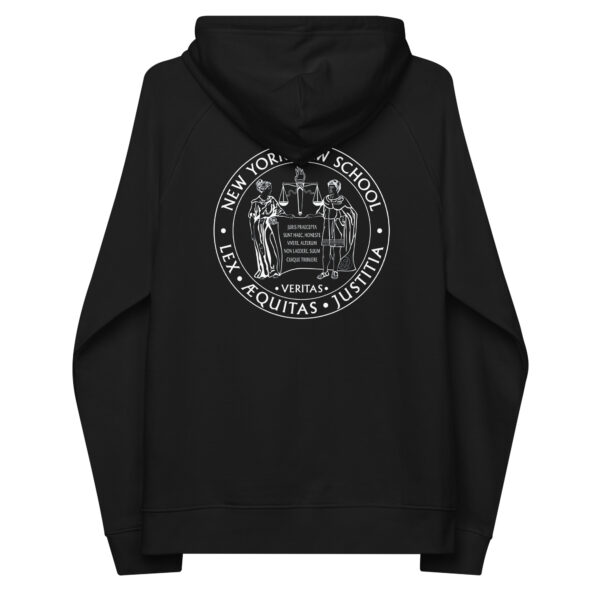 New York law School Moot Court unisex-eco-raglan-hoodie-black-back