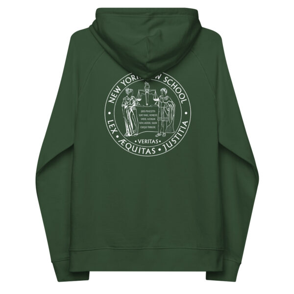 New York law School Moot Court unisex-eco-raglan-hoodie-bottle-green-back