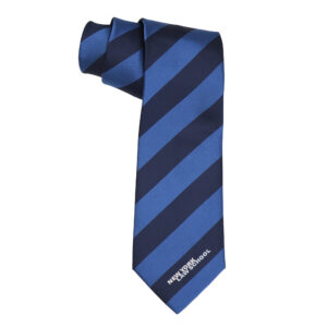 blue striped necktie with New York Law School logo